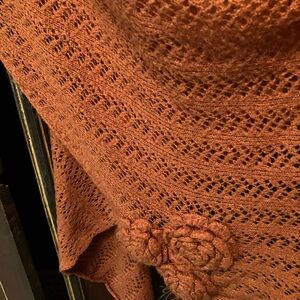 Rust Crochet Shawl with Flower Motifs